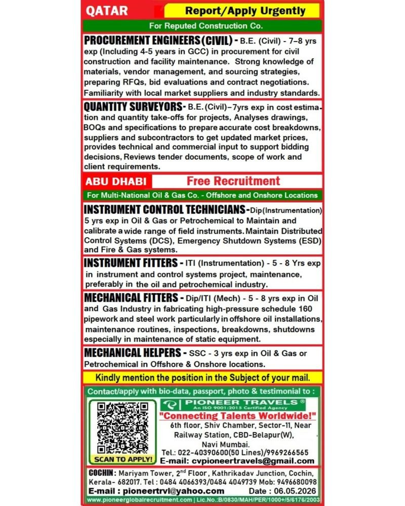 Urgent Hiring For Qatar & Abudhabi
