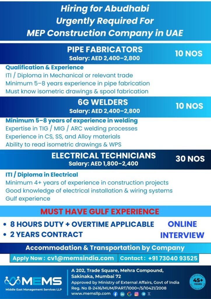 hiring for a leading MEP Construction Company in UAE