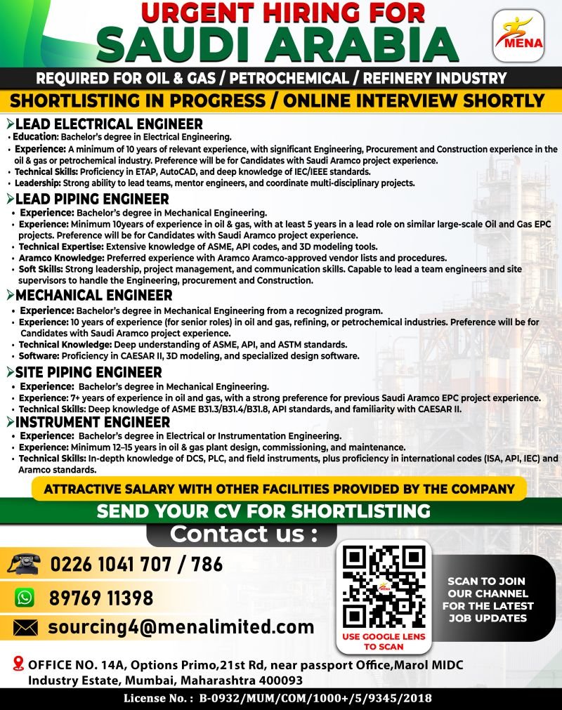 Saudi Arabia : Hiring For Oil, Gas, Petrochemical, Refinery Projects