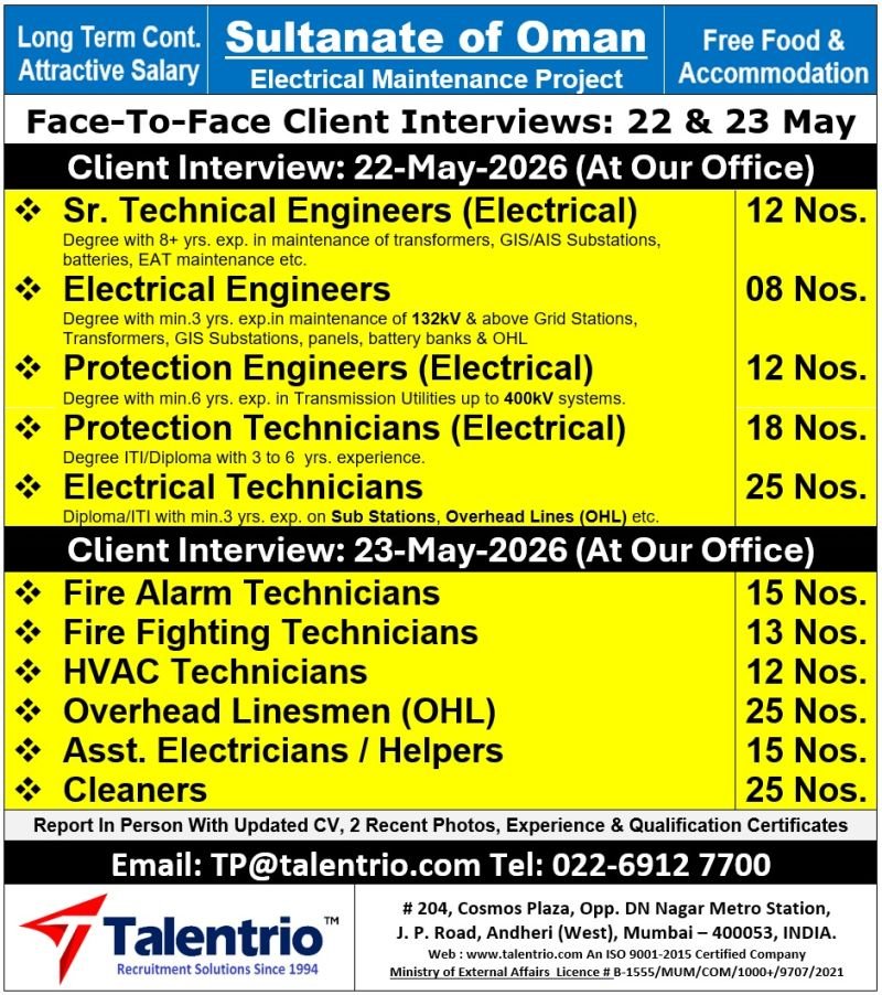 Sultanate of Oman Electrical Maintenance Project Jobs 2026 