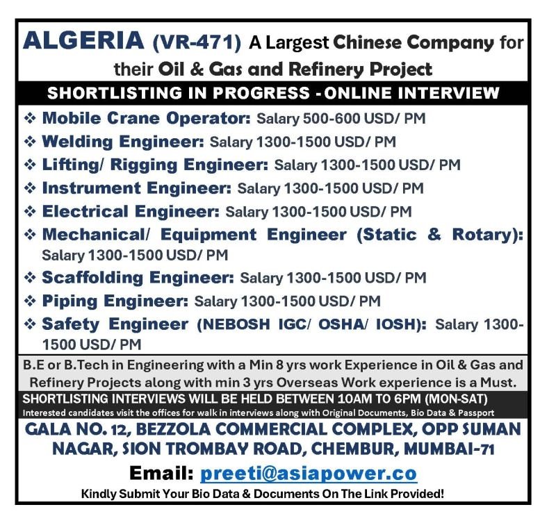 Algeria Oil & Gas Jobs 2025 – Online Interview for Refinery Project Vacancies