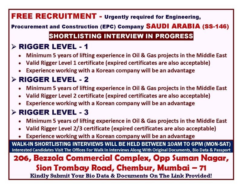 Saudi Arabia Oil & Gas Jobs 2025 – Free Recruitment for Rigger Level 1, 2 and 3