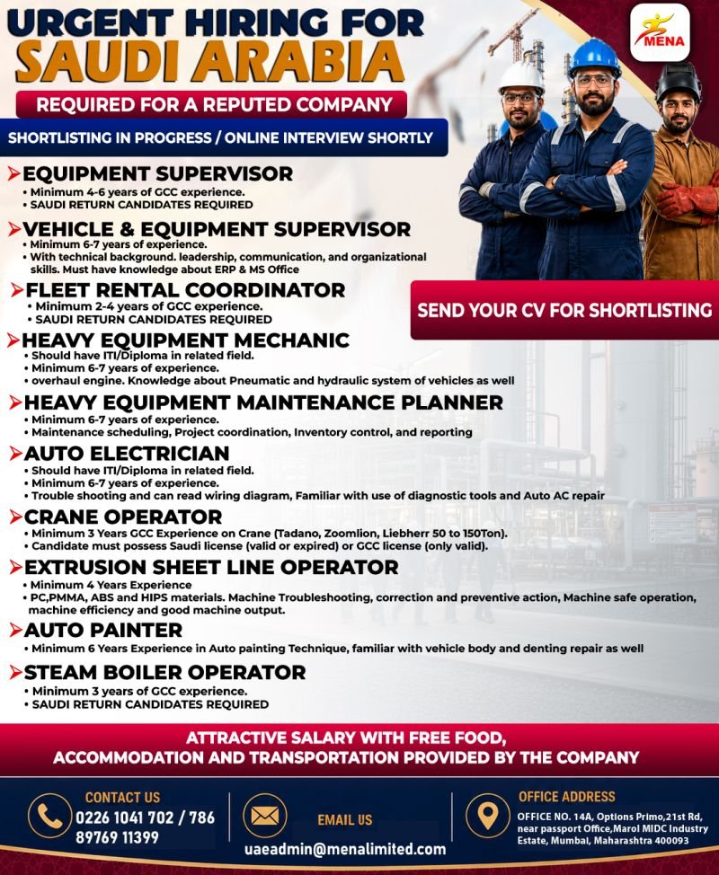 Urgent Hiring For Saudi Arabia reputed company offering multiple technical & supervisory roles
