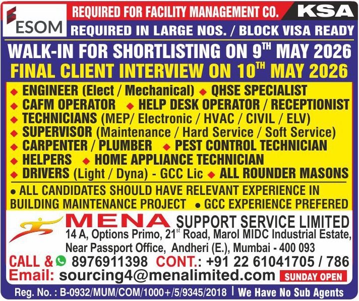 Urgent Hiring for Saudi Arabia (Facility Management) - ESOM Facility Management Co.