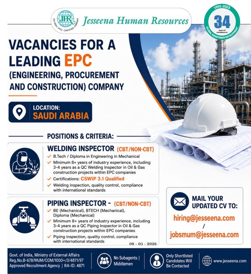 Saudi Arabia : Job Vacancies for a Leading EPC (Engineering, Procurement and Construction) Company