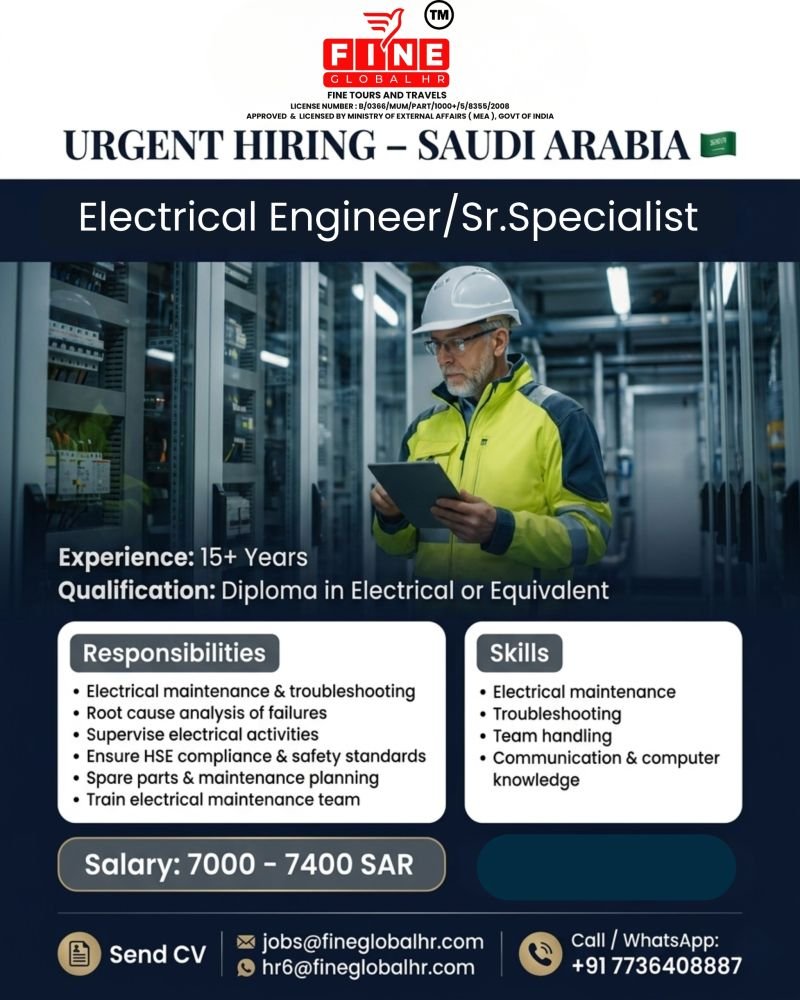 Saudi Arabia : Hiring experienced Electrical Engineer / Sr. Specialist professionals for a leading industrial project