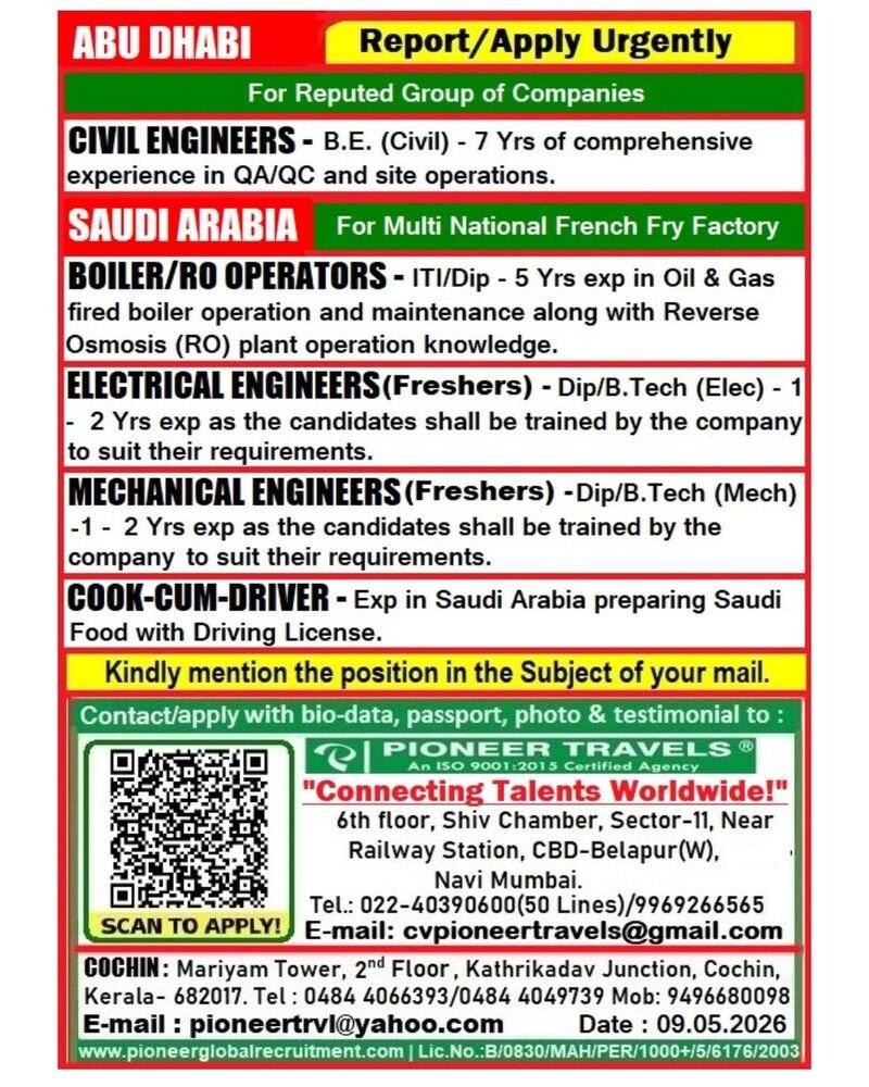 Urgent Hiring For Abudhabi & Saudi Arabia