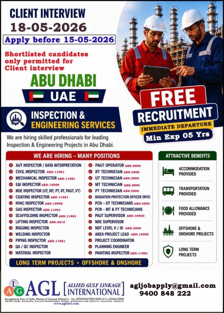 Abu Dhabi UAE Inspection & Engineering Jobs 2026 – Free Recruitment