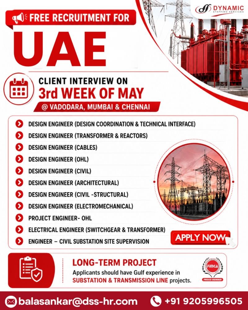 UAE Substation & Transmission Line Jobs 2026 – Design Engineers and Project Engineers Hiring