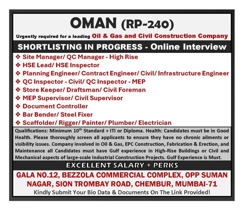 Oman Oil & Gas and Civil Construction Jobs 2026 | Urgent Hiring for Engineers, Supervisors and Technicians