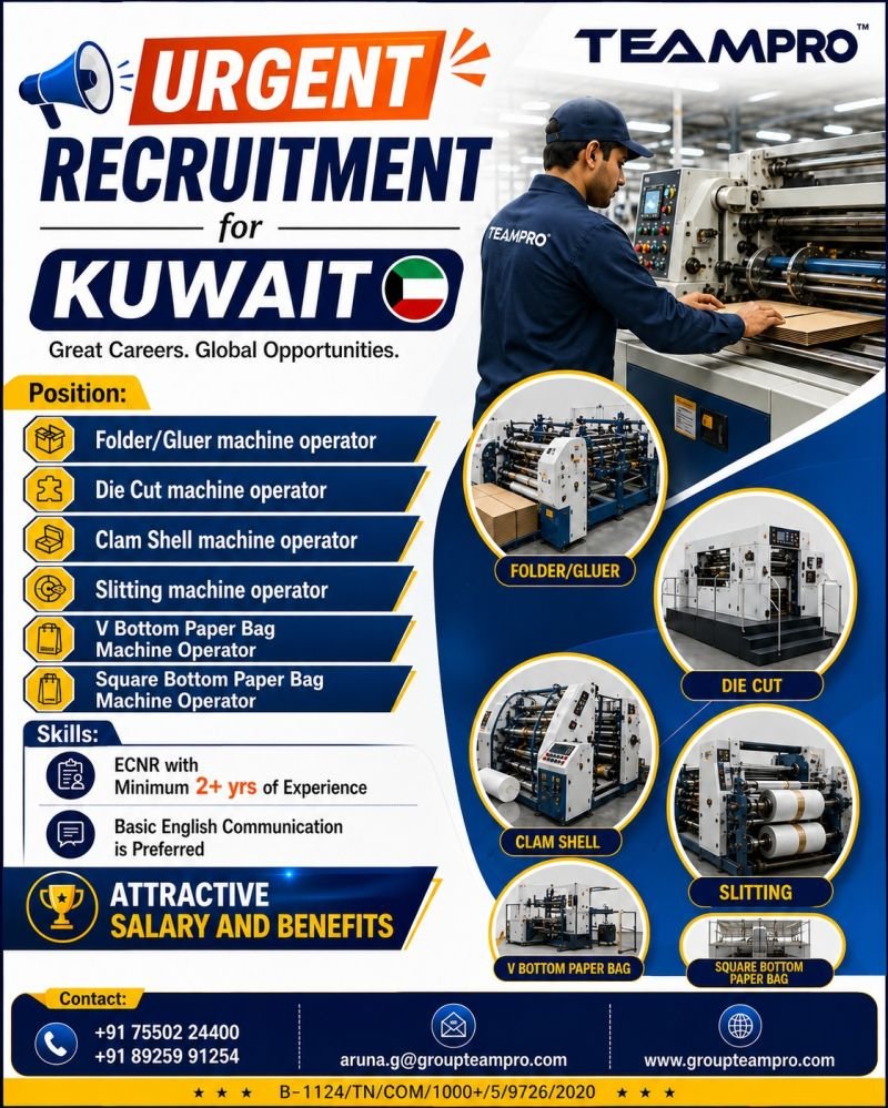 Urgent Hiring for Kuwait for a leading packaging industry