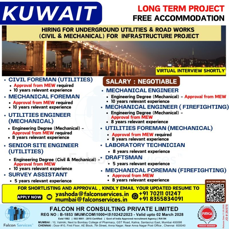 Kuwait Infrastructure Project Jobs 2026 | Hiring Civil, Mechanical and Utilities Professionals