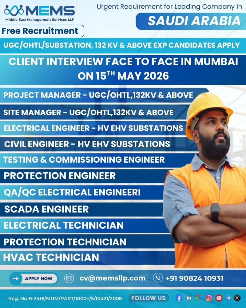 Exciting Job Opportunity for UGC/OHTL/Substation Professionals in Saudi Arabia