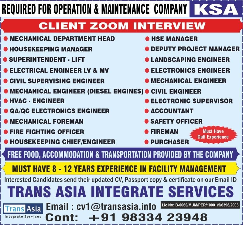 Saudi Arabia Facility Management Jobs 2026 – Saudi Arabia Hiring for Engineers, Managers, Safety Officers and More