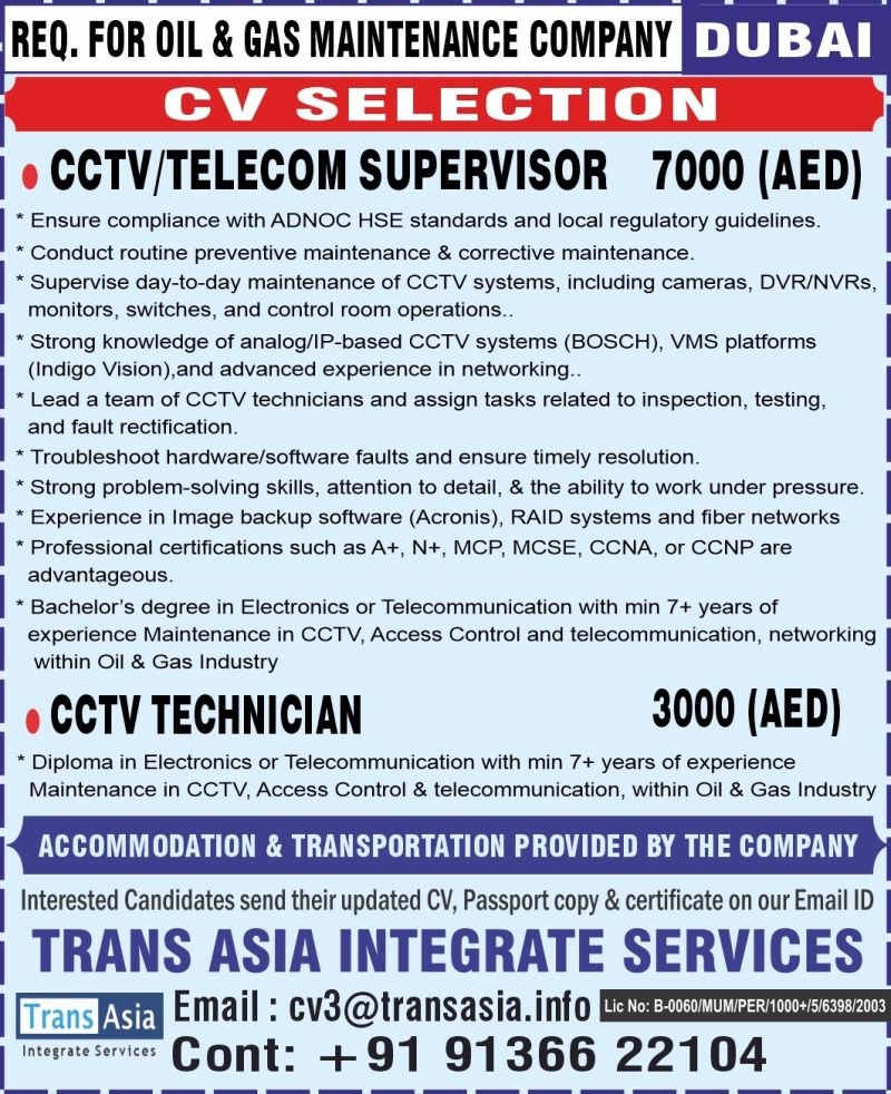 Urgent Hiring for Dubai – Oil & Gas Maintenance Company