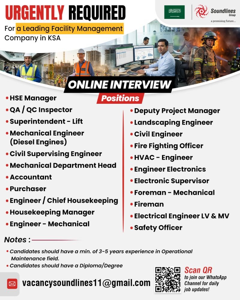 Saudi Arabia : Hiring Urgent For a Leading Facility Management Company 