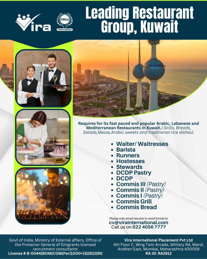 Hiring For A Leading Restaurant Group in Kuwait