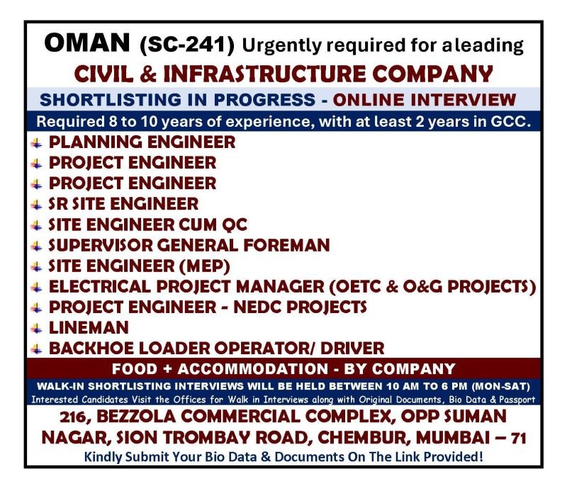 Oman Civil and Infrastructure Jobs 2026 – Hiring Engineers, Project Managers, Linemen and Operators
