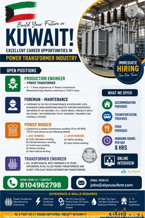 Immediate Hiring for Kuwait – Power Transformer Industry 