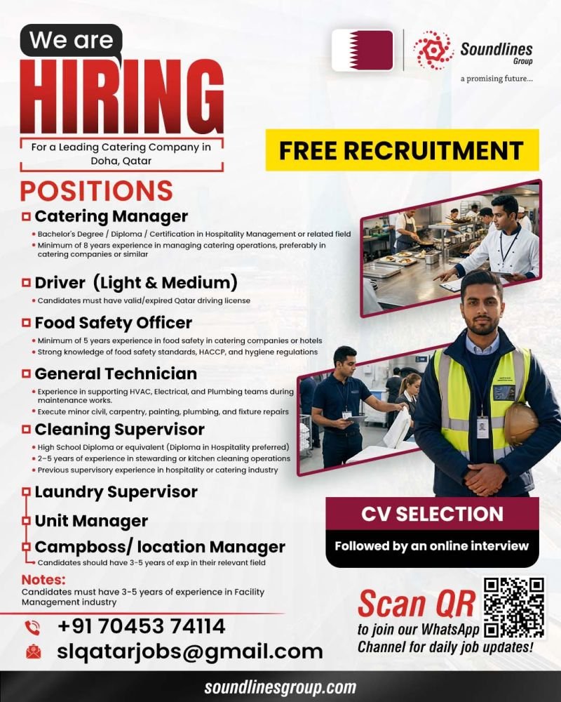 Free Recruitment For a Leading Catering Company in Doha, Qatar