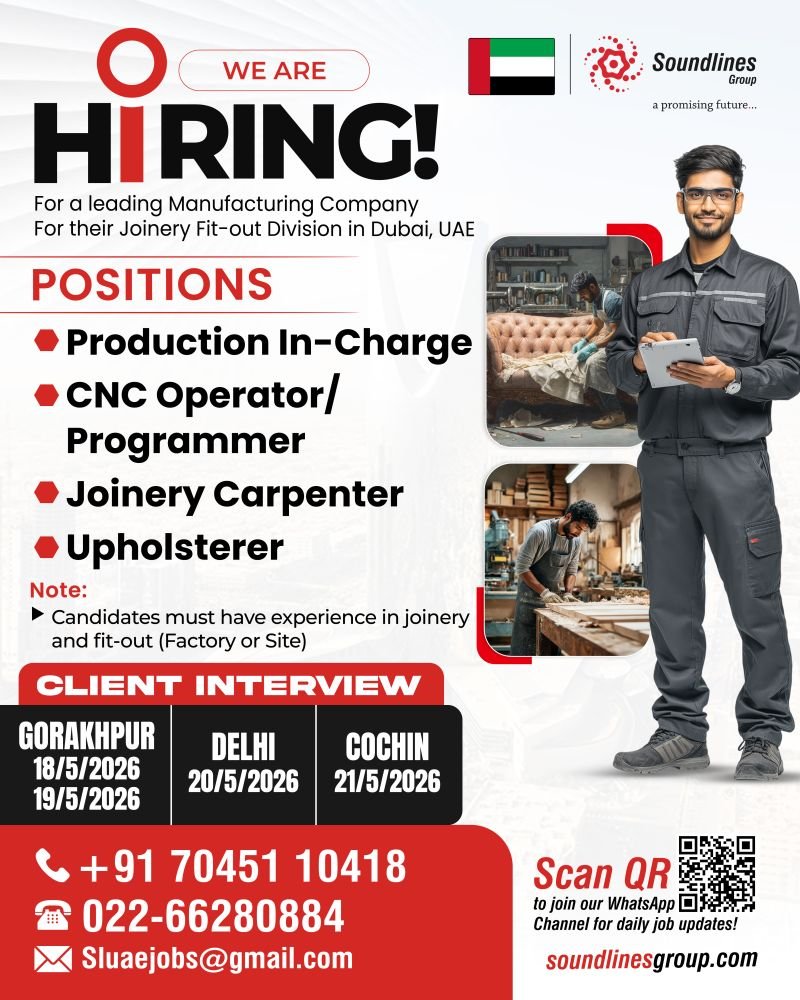 Hiring For a leading Manufacturing Company For their Joinery Fit-out Division in Dubai, UAE