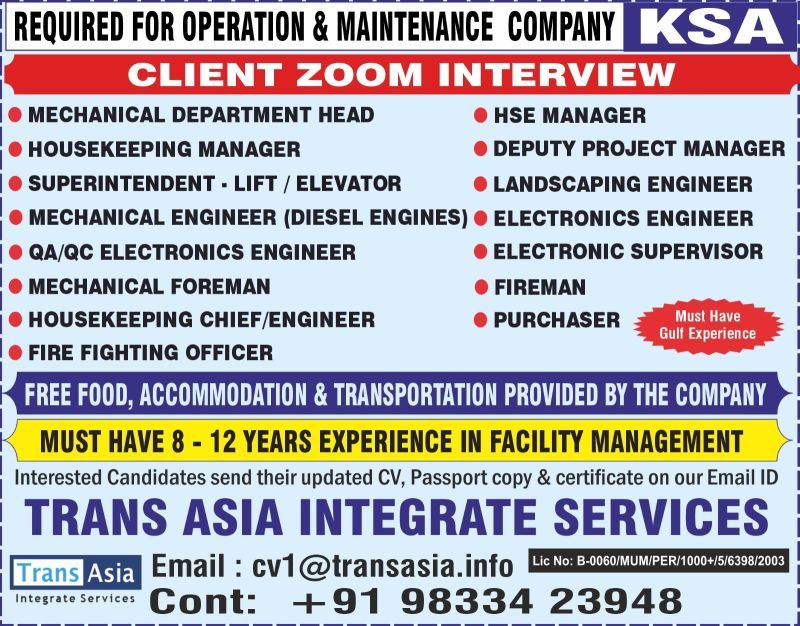 Saudi Arabia : Zoom Interview for a leading Operation & Maintenance Company.