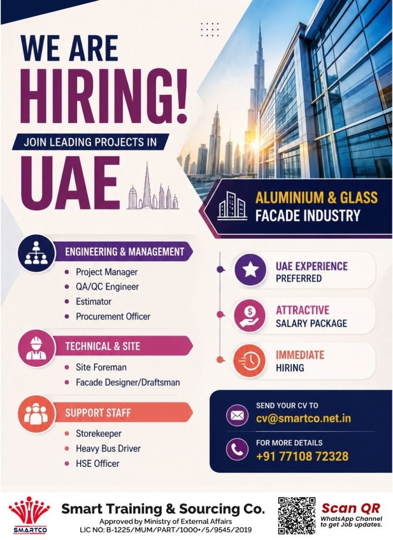 UAE Jobs 2025: Hiring for Aluminium & Glass Facade Industry 