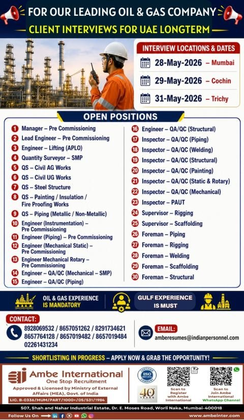 UAE Oil & Gas Jobs 2025: Hiring Engineers, QA/QC Inspectors, Supervisors and Foremen for Long-Term Projects