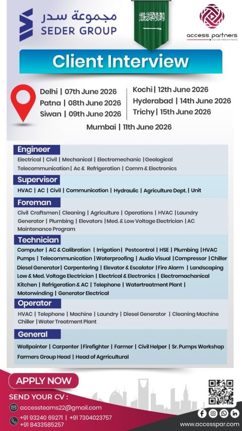 Saudi Arabia Jobs 2025: Seder Group Hiring Engineers, Supervisors, Technicians, Operators and General Workers