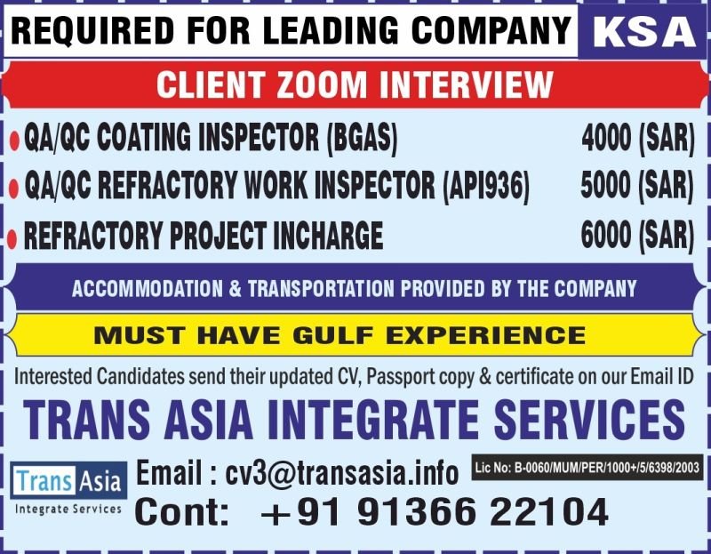 Saudi Arabia : Exciting Opportunity for Experienced QA/QC & Refractory Professionals 
