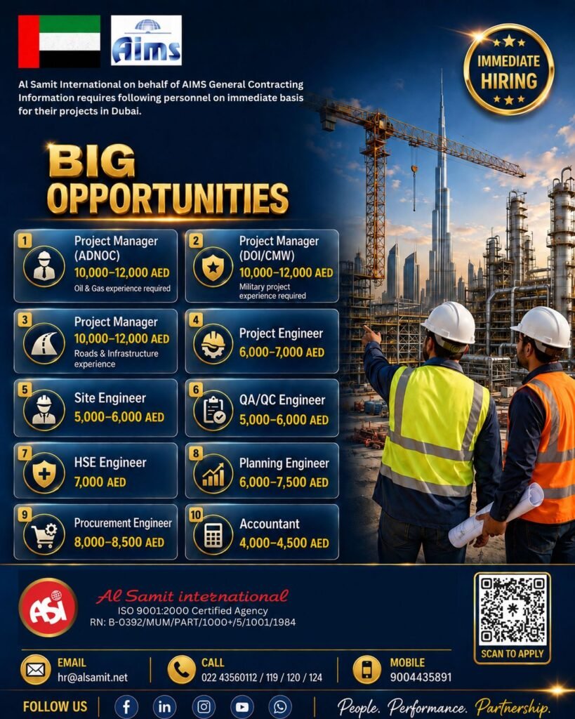 Dubai Engineering & Construction Jobs 2025 – Immediate Hiring 