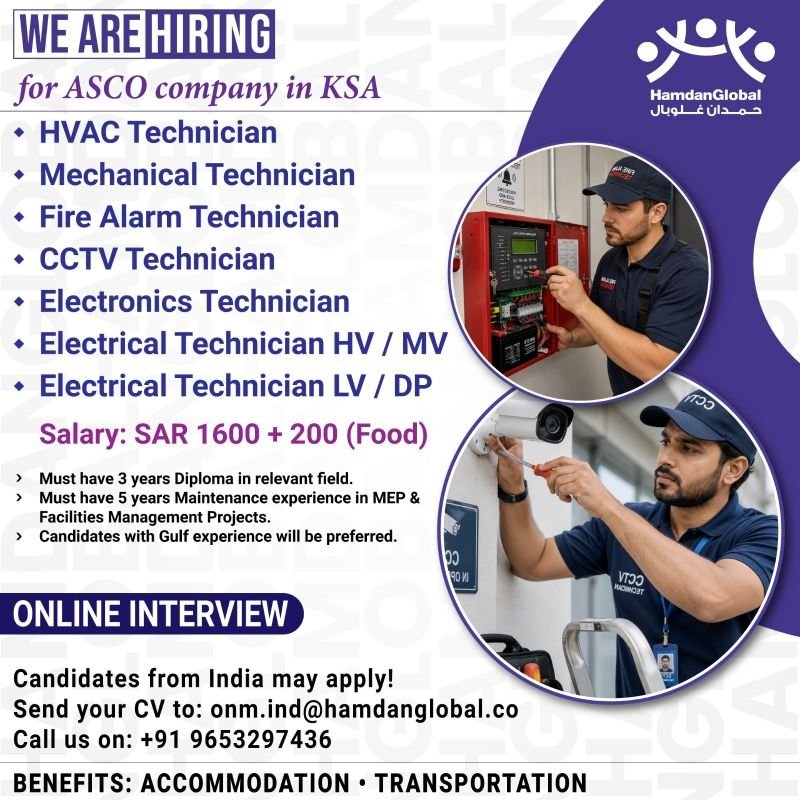 hiring for ASCO company in Saudi Arabia