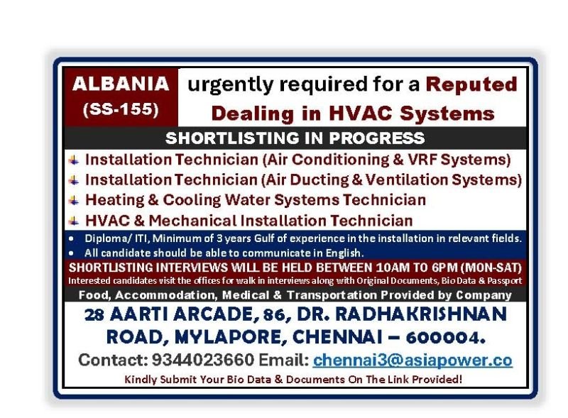 Albania HVAC Jobs 2025: Installation Technician Vacancies for Reputed HVAC Company