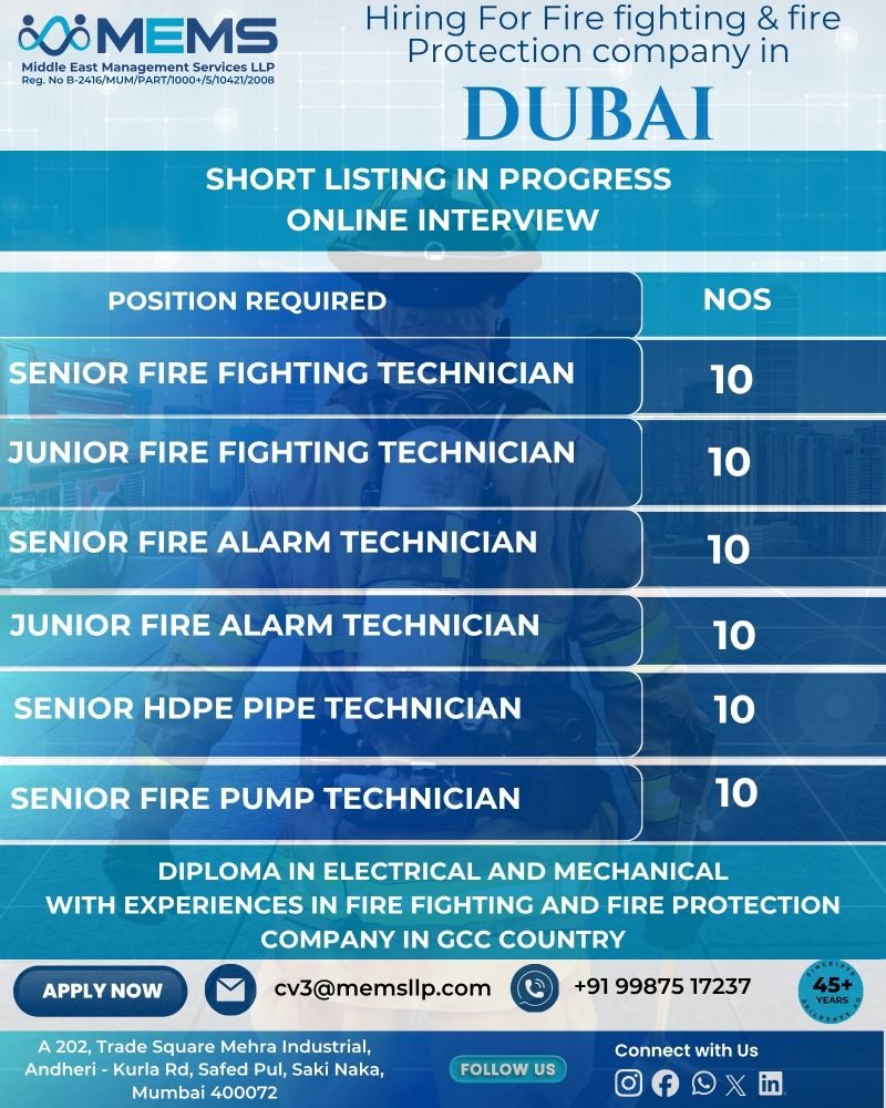 Hiring for Fire Fighting & Fire Protection Company in Dubai 