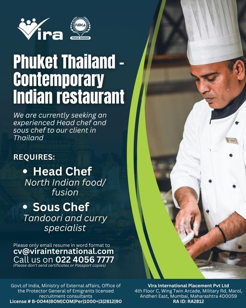 Thailand Jobs 2025: Head Chef and Sous Chef Vacancies in Phuket Contemporary Indian Restaurant