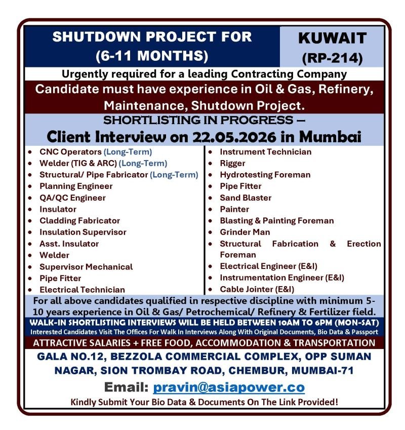 Kuwait : Hiring for a major shutdown project lasting 6 to 11 months
