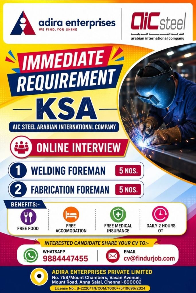 Saudi Arabia Jobs 2026 – Online Interview for AIC Steel Saudi Arabia