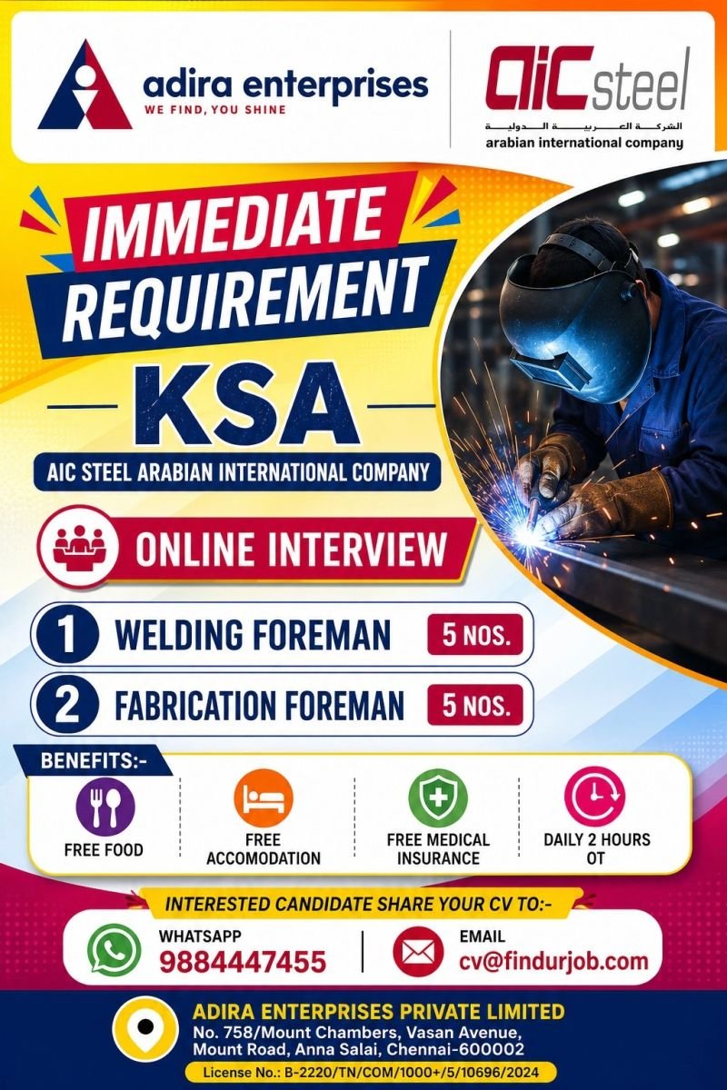Saudi Arabia Jobs 2026 – Online Interview for AIC Steel Saudi Arabia