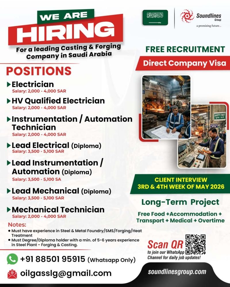 Hiring For a leading Casting & Forging Company in Saudi Arabia
