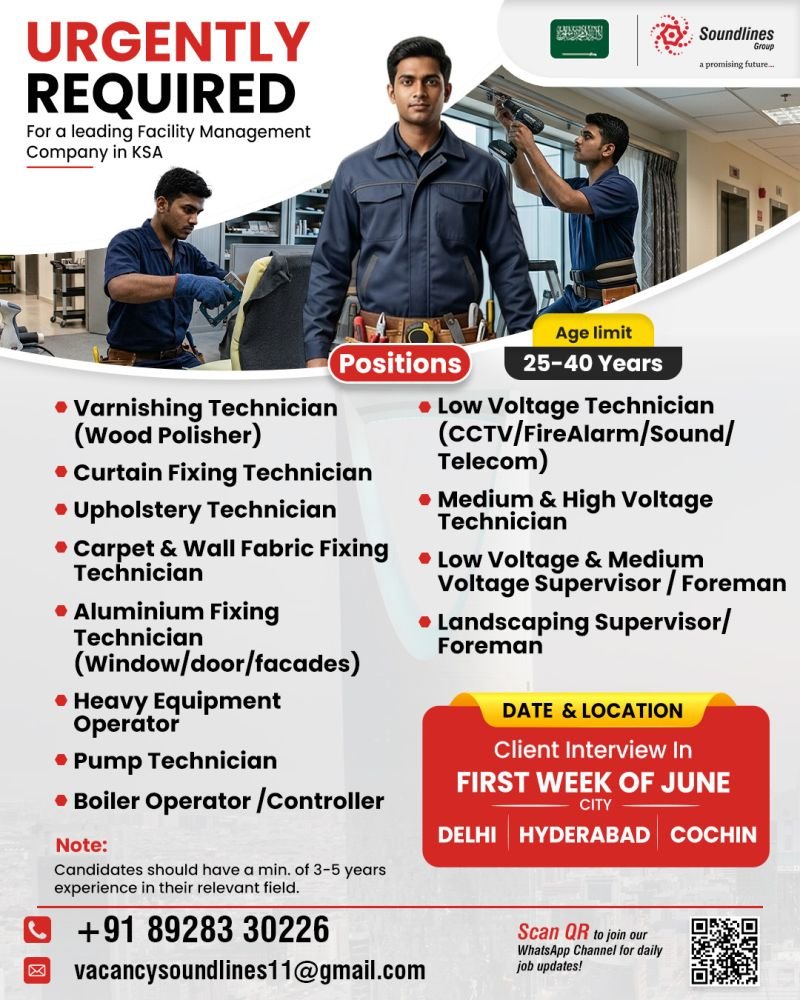 Job Vacancies For a leading Facility Management Company in Saudi Arabia