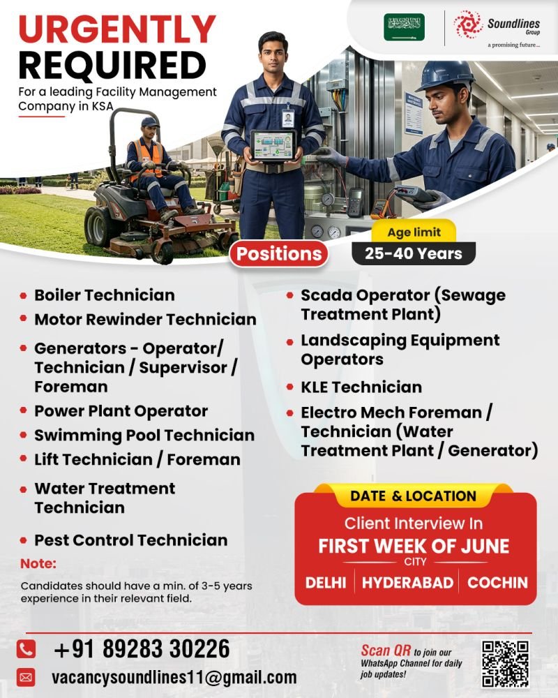 Hiring For a leading Facility Management Company in Saudi Arabia