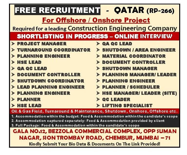 Qatar Offshore & Onshore Project Jobs 2026 – Free Recruitment for Oil & Gas Professionals