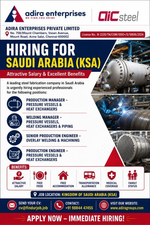 Saudi Arabia : Hiring For AIC A leading steel fabrication company