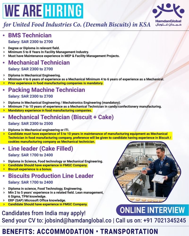 hiring for United Food Industries Co. (Deemah Biscuits) in Saudi Arabia