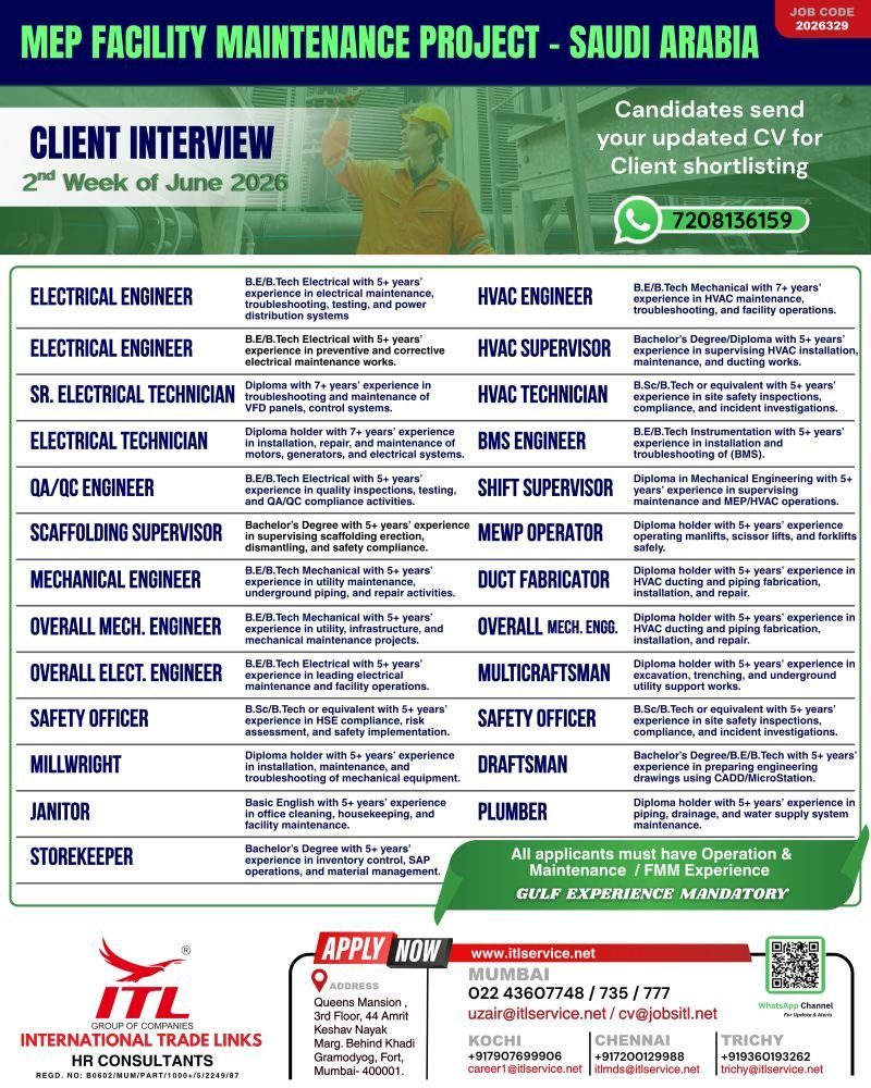 Saudi Arabia Jobs 2026: MEP Facility Maintenance Project Vacancies for Engineers, Technicians and Supervisors