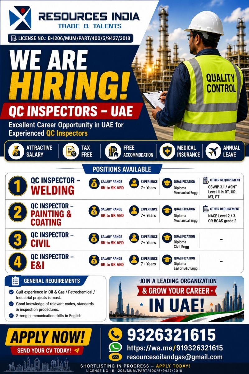 hiring experienced QC Inspectors for a leading UAE project