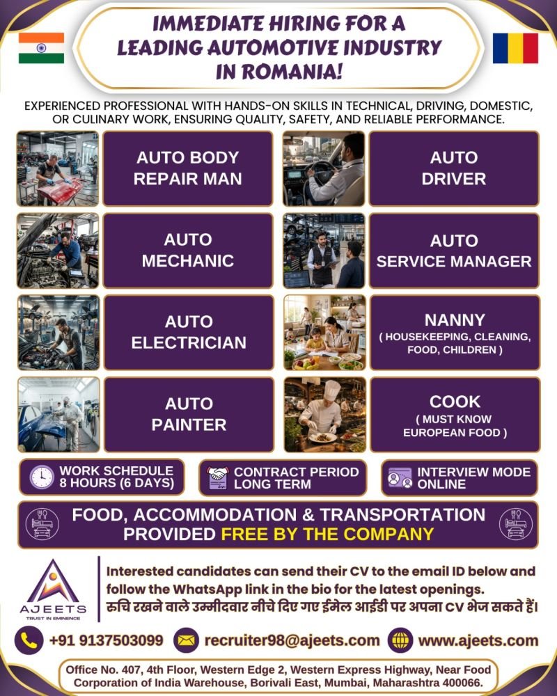 Romania : Hiring For automotive & domestic sector: