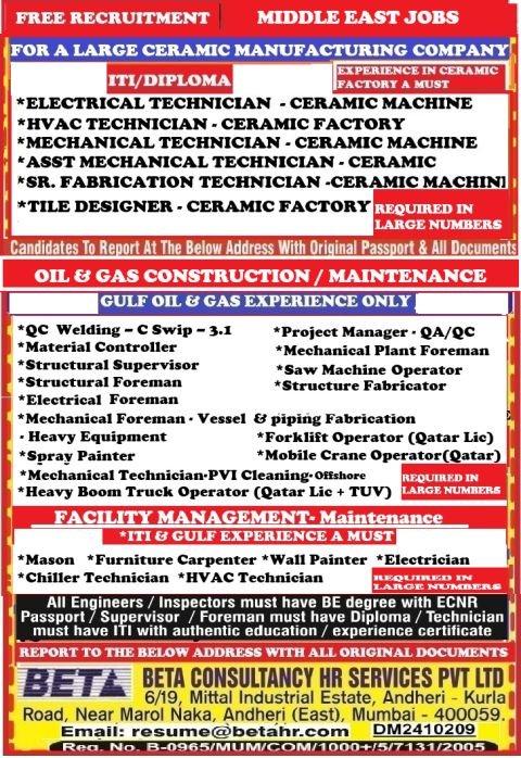 Middle East Jobs 2026 | Ceramic Factory, Oil & Gas and Facility Maintenance Vacancies