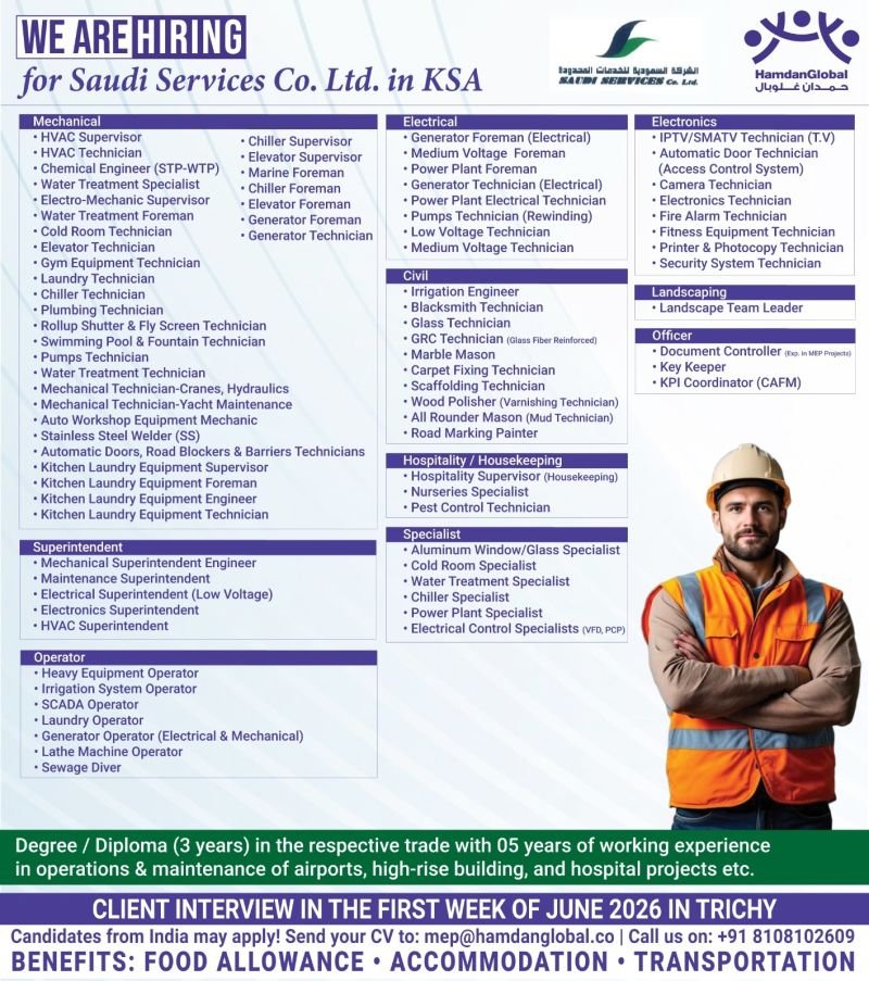 hiring for Saudi Services Co. Ltd. in Saudi Arabia