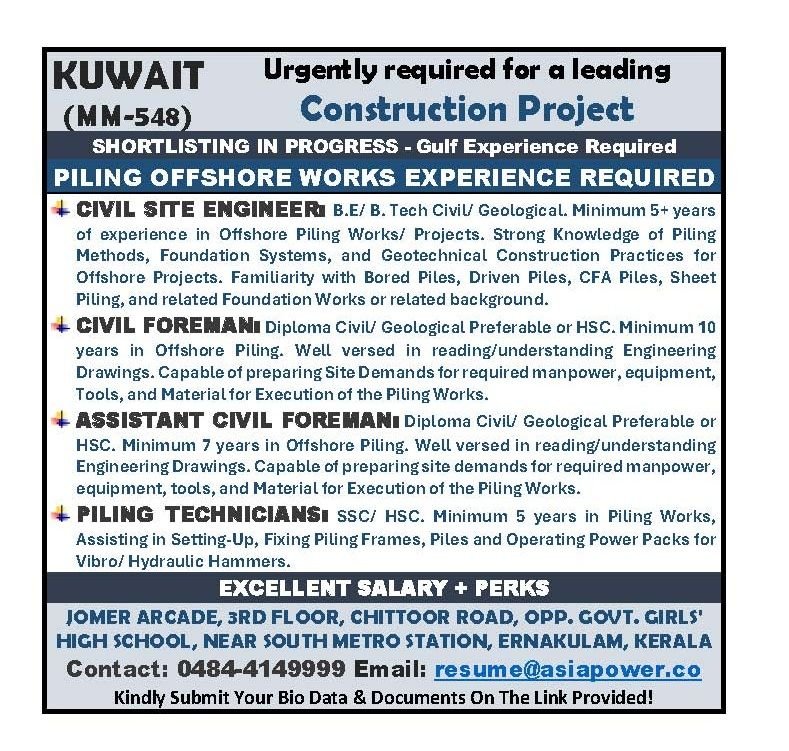 Kuwait Construction Project Jobs 2026: Hiring Civil Engineers, Foremen & Piling Technicians